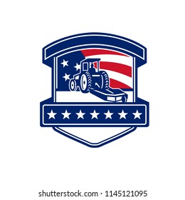 Badge icon retro style illustration for brush hogging service showing a brush or bush hog or rotary mower set inside shield with American stars and stripes USA flag in background.