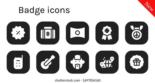 Abzeichen-Symbol-Set. 10 gefüllte Badge-Symbole. Inbegriffen Rabatt, Bitcoin, Panorama, Badge, Medal, Baby Monitor, Gitarre, Punk, Grid, Sticker Symbole
