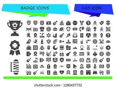  badge icon set. 120 filled badge icons. Simple modern icons about  - Award, Barber, Badge, Shield, Bitcoin, Guitar, Government, Blank, Lifetime, Medal, Question mark, Alchemy