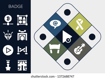 Badge Icon Set. 13 Filled Badge Icons.  Collection Of - Play, Badge, Shorts, Police Line, Quality, Trick, Bitcoin, Shapes, Ribbon, Banner, Guitar