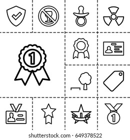 Badge icon. set of 13 outline badgeicons such as pacifier, tag, badge, no alcohol, radiation, 1st place star, shield, medal, number 1 medal, medal with star