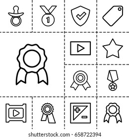 Badge icon. set of 13 outline badgeicons such as pacifier, tag, award, ribbon, play, light exposure, shield, medal, number 1 medal, medal with star