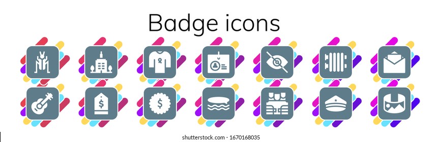 badge icon set. 14 filled badge icons.  Simple modern icons such as: Cricket, Guitar, Skyscrapper, Tag, Ribbon, Badge, Identification, Surf, Blind, Bulletproof vest, Radiator