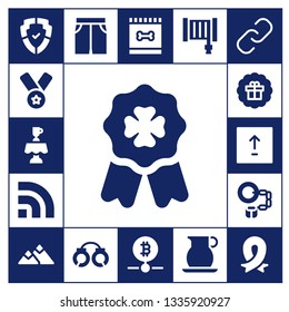 badge icon set. 17 filled badge icons.  Simple modern icons about  - Shield, Medal, Latte, Badge, Rss, Sticker, Upload, Handcuffs, Mountain, Short, Feed, Bitcoin, Hose, Jug, Hyperlink