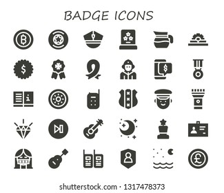 badge icon set. 30 filled badge icons.  Simple modern icons about  - Bitcoin, Badge, Police, Award, Jug, Manual, Ribbon, Firefighter, Discount, Medal, Shield, Baby monitor, Torch