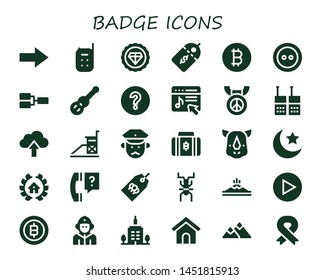 badge icon set. 30 filled badge icons.  Simple modern icons about  - Next, Baby monitor, Premium, Price label, Bitcoin, Button, Competition, Guitar, Question mark, Music store