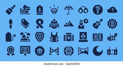badge icon set. 32 filled badge icons. Included Fermentation, Torch, Surf, Insignia, Pelican, Tag, Mountains, Merit, Ribbon, Shield, Sticker, Quality, Punk, Bulletproof icons