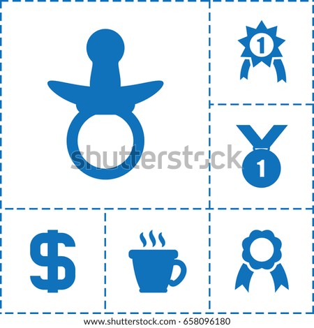 Badge icon. set of 6 badge filled icons such as pacifier, coffee, ribbon, dollar