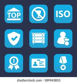 badge icon. Set of 9 filled badge icons such as nightstand, badge, no alcohol, top of cargo box, ISO, man with medal, number 1 medal, medal with star
