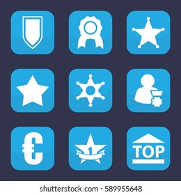 badge icon. Set of 9 badge filled icons such as top of cargo box, sheriff, 1st place star, shield, star, man with medal, medal
