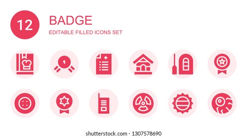 badge icon set. Collection of 12 filled badge icons included Cook, Medal, Prescription, Dog house, Raft, Button, Badge, Walkie talkie, Radiation, Bottle cap, Eyeball