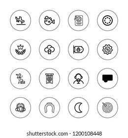 Badge icon set. collection of 16 outline badge icons with arrival, angler, badge, bakery, banner, button, discount, glory, horseshoe, intertwined, lumberjack, night icons.