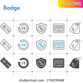 badge icon set. included 24-hours, price tag, discount, warranty, barcode icons on white background. linear, bicolor, filled styles.