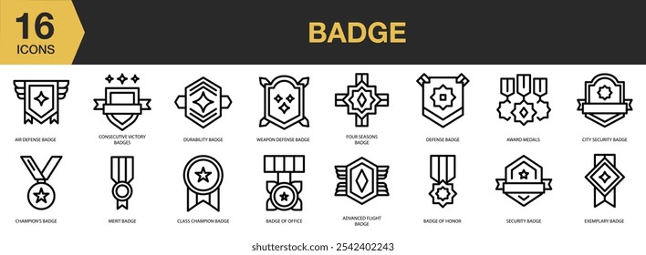 Symbolsatz für Abzeichen. Enthält Symbole für die Badges-Linie und Mehr. Gliederungssymbole, Vektorsammlung.