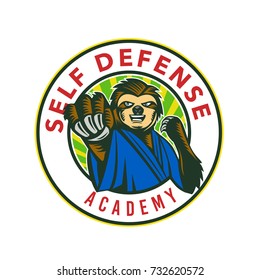 Badge icon style illustration of a sloth in karate stance fighting punching viewed from front set inside circle with words Self Defense Academy on isolated background.