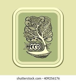 Badge or icon  with Zen tangle or Zen doodle tree in  green olive in rectangle or template emblem or symbol  ecology  or creative concept ecological researches  or scientific eco conference