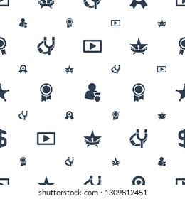 badge icons pattern seamless white background. Included editable filled play, man with medal, medal, sligshot, st place star, sheriff, dollar icons. badge icons for web and mobile.