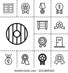 Badge icons. set of 13 editable outline badge icons such as nightstand, award, medal, heart ribbon, vip door, number 1 medal, medal with star