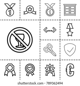 Badge icons. set of 13 editable outline badge icons such as euro, medal, no alcohol, heart ribbon, quotation, ribbon, number 1 medal, medal with star, nightstand
