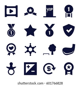 badge icons set. Set of 16 badge filled icons such as pacifier, Star, heart ribbon, play, light exposure, vip door, sheriff, medal, golf stick, dollar, number 1 medal