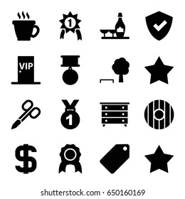 Badge icons set. set of 16 badge filled icons such as nightstand, manicure scissors, tag, coffee, star, champagne and wine glasses, vip door, dollar, shield, medal, star