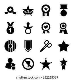 Badge icons set. set of 16 badge filled icons such as pacifier, manicure scissors, award, no alcohol, heart ribbon, sheriff, 1st place star, shield, medal, star