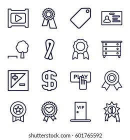 badge icons set. Set of 16 badge outline icons such as nightstand, tag, ribbon, Finger pressing play button, award, badge, heart ribbon, play, light exposure, vip door, dollar