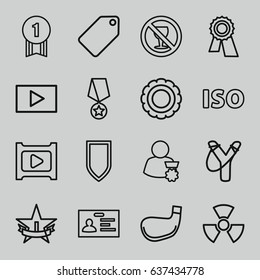Badge icons set. set of 16 badge outline icons such as tag, award, badge, no alcohol, play, iso, radiation, shield, 1st place star, golf stick, man with medal, number 1 medal
