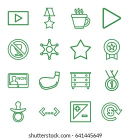 Badge icons set. set of 16 badge outline icons such as pacifier, nightstand, coffee, star, no alcohol, play, light exposure, sheriff, dollar, badge, medal, golf stick