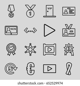 Badge icons set. set of 16 badge outline icons such as ribbon, badge, heart ribbon, play, vip door, sheriff, dollar, euro, number 1 medal, medal with star