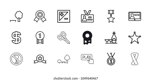 Badge icons. set of 18 editable outline badge icons: champagne and wine glasses, tree and bench, medal, badge, light exposure, sheriff, dollar, number 1 medal, medal with star