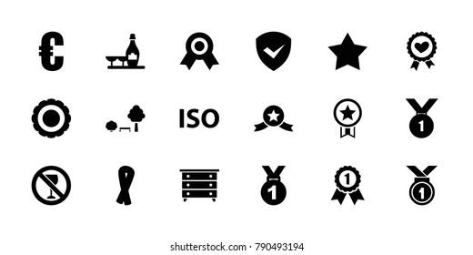 Badge icons. set of 18 editable filled badge icons: nightstand, ribbon, star, champagne and wine glasses, euro, medal, heart ribbon, award, iso, number 1 medal