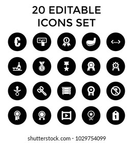 Badge icons. set of 20 editable filled badge icons such as nightstand, finger pressing play button, champagne and wine glasses. best quality badge elements in trendy style.