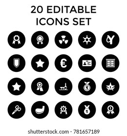 Badge icons. set of 20 editable filled badge icons such as manicure scissors, star, award, medal, sligshot, star, ribbon, sheriff. best quality badge elements in trendy style.