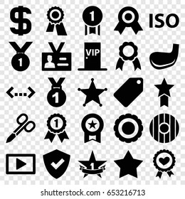 Badge icons set. set of 25 badge filled icons such as manicure scissors, tag, award, heart ribbon, badge, ribbon, iso, play, vip door, sheriff, 1st place star, golf stick