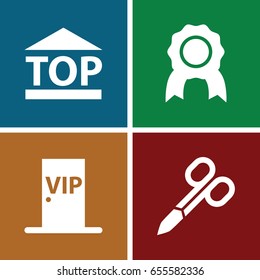 Badge icons set. set of 4 badge filled icons such as manicure scissors, top of cargo box, vip door