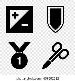 Badge icons set. set of 4 badge filled icons such as manicure scissors, light exposure, shield