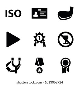 Badge icons. set of 9 editable filled badge icons such as badge, no alcohol, play, iso, golf stick, number 1 medal, medal with star, medal