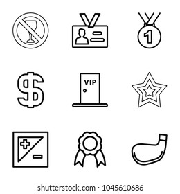 Badge icons. set of 9 editable outline badge icons such as medal, badge, ribbon, light exposure, vip door, golf stick, dollar, star