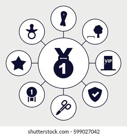badge icons set. Set of 9 badge filled icons such as pacifier, manicure scissors, ribbon, vip door, star, number 1 medal, medal, shield