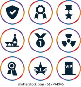 Badge icons set. set of 9 badge filled icons such as champagne and wine glasses, award, ribbon, vip door, 1st place star, radiation, medal with star, shield