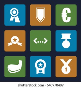 Badge icons set. set of 9 badge filled icons such as award, golf stick, shield, medal, number 1 medal, medal with star, euro