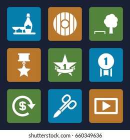 Badge icons set. set of 9 badge filled icons such as manicure scissors, champagne and wine glasses, play, 1st place star, dollar, shield, number 1 medal, medal with star