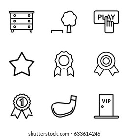 Badge icons set. set of 9 badge outline icons such as nightstand, finger pressing play button, star, vip door, golf stick, medal, number 1 medal