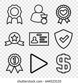 Badge icons set. set of 9 badge outline icons such as badge, heart ribbon, play, dollar, shield, medal