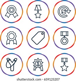 Badge icons set. set of 9 badge outline icons such as tag, dollar, medal, number 1 medal, medal with star
