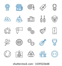 badge icons set. Collection of badge with button, dog house, radiation, id card, tennis, medal, guitar, buttons, bottle cap, clover, tag, hairdryer. Editable and scalable badge icons.