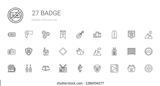 badge icons set. Collection of badge with next, gorilla, guitar, id card, shorts, boxing, barbershop, mountain, without, patch, walkie talkie. Editable and scalable badge icons.