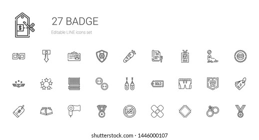badge icons set. Collection of badge with patch, no chatting, medal, hairdryer, shorts, price tag, tag, boxing, buttons, grid, best, air force. Editable and scalable badge icons.