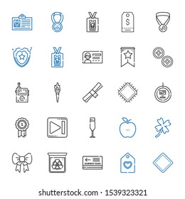 Badge Icons Set. Collection Of Badge With Patch, Tag, Pass, Radiation, Ribbon, Clover, Healthy Food, Champagne Glass, Next, Medal, Degree, Torch. Editable And Scalable Badge Icons.